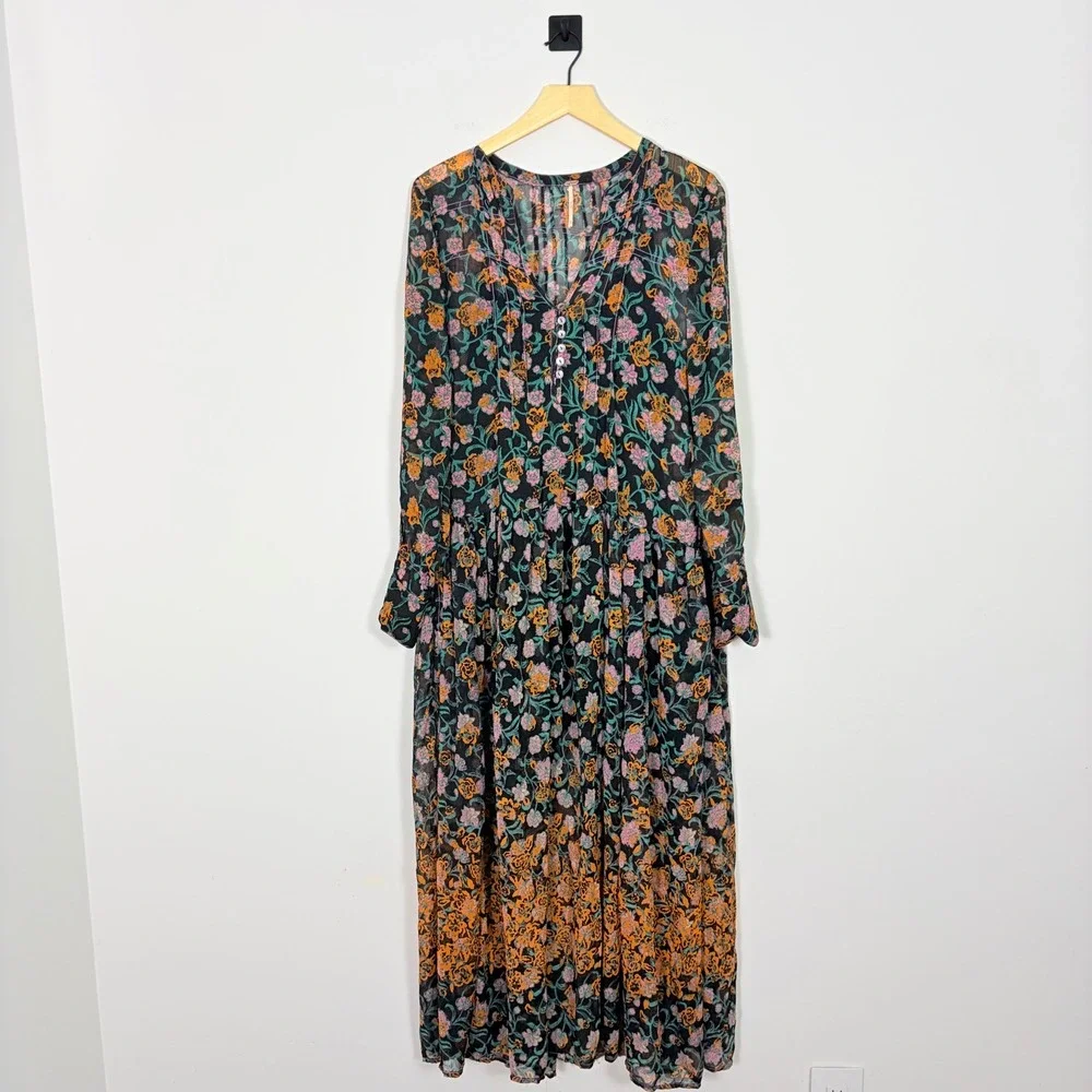 Free People See It Through Floral Long Sleeve Maxi Dress Black XS Boho Tiered